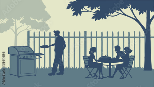 Backyard BBQ cookout with family and friends. Man grilling outdoors. Summer leisure lifestyle silhouette illustration.