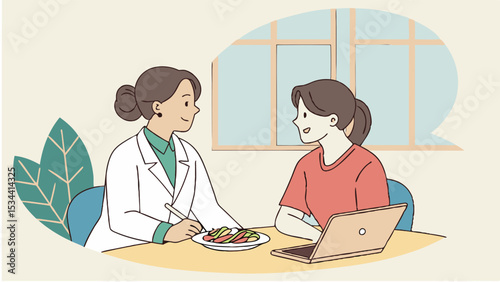 Doctor nutritionist consults woman patient about diet nutrition and healthy lifestyle in office illustration