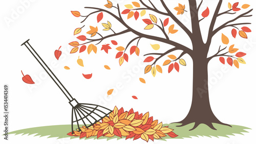 Colorful autumn fall leaves pile rake tree falling yard work background