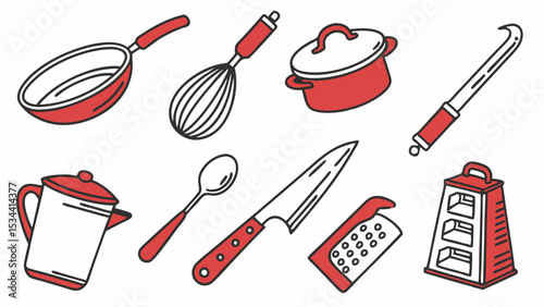 Kitchen Utensils Cooking Tools Set Simple Hand Drawn Line Art Illustration Red Accents Home Cooking