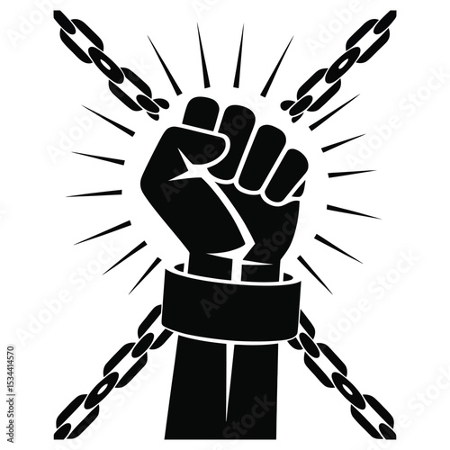 Minimalist vector silhouette of a raised fist breaking chains, symbolizing freedom and justice