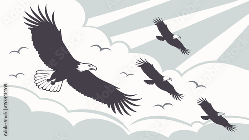 Bald Eagles Flying in Sky Freedom Power Nature Wildlife Birds Clouds Sun Rays