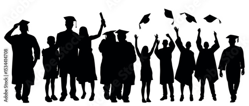 Vector art of silhouetted graduating class joyfully tosses caps, isolated on white background, a vector image celebrating academic achievement