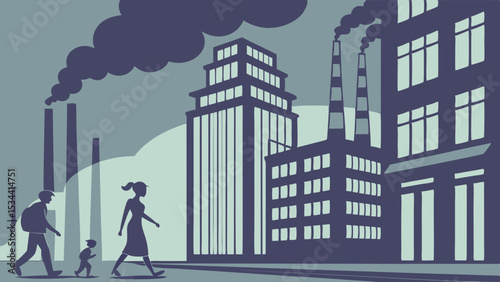 Family walking through urban industrial area with factories smoking chimneys air pollution environmental issues illustration