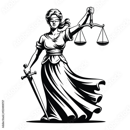 Powerful black and white illustration of Lady Justice symbolizing fairness, law, and impartial authority