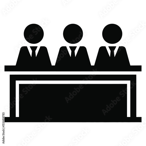 Minimalist black silhouette icon of three figures seated at a podium representing panel discussion or governance