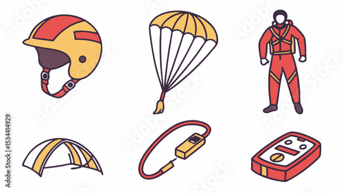 Skydiving gear set with parachute helmet suit and equipment for extreme sport adventure safety concept isolated on white