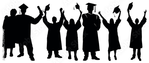 Vector art of joyful graduates, silhouetted against a white background, celebrate their academic achievement with diplomas and tossed caps