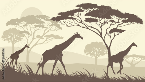 Giraffes walking silhouette African savanna landscape wildlife nature travel adventure safari sunset