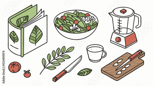 Healthy Vegan Cooking Ingredients Food Preparation Recipe Book Kitchen Tools Vegetables Salad Isometric Illustration