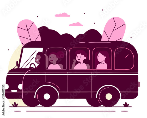 Joyful Children Riding School Bus - Diverse Kids Commuting to School | Vector Illustration Isolated on White