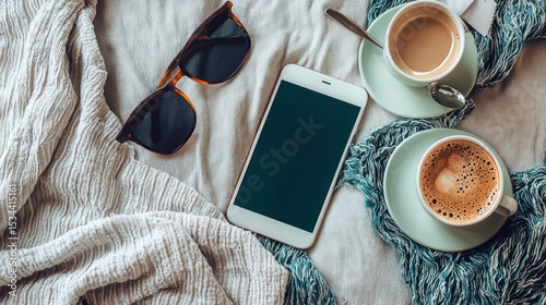 Cozy Morning, Coffee, Smartphone, and Sunshades