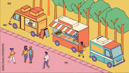 Urban street life with people enjoying food from different food trucks