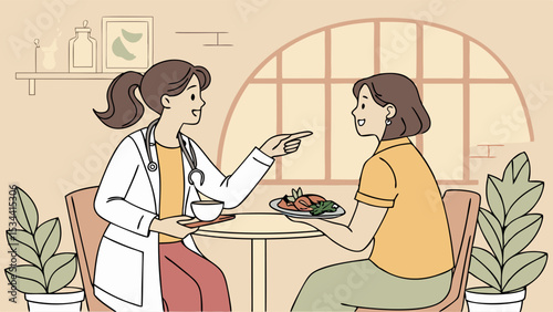 Female doctor giving nutrition advice to woman patient about healthy eating diet and meal plan consultation illustration