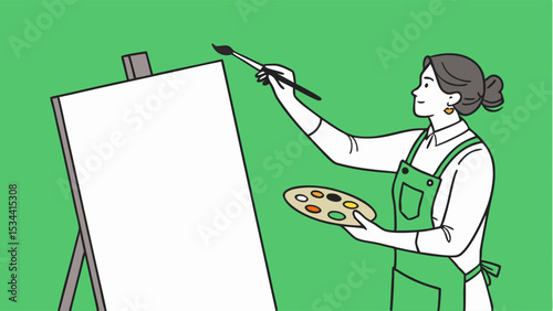 Female artist painting canvas easel palette brush creative art hobby activity simple illustration