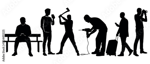 Vector art of a series of isolated black silhouettes on white background depict various individuals engaged in everyday activities, from using phones and tools to traveling