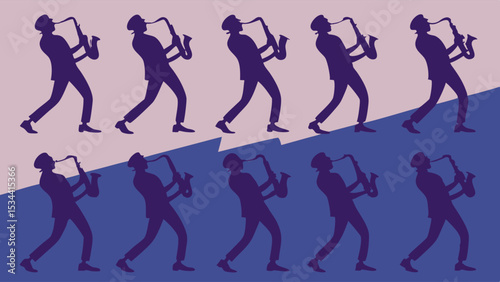 Jazz saxophone player silhouettes repeating pattern live music performance entertainment graphic background cool stylish