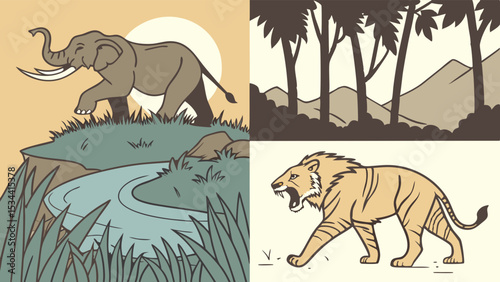 Nature and Wildlife Landscape Animals Collection Set Elephant, Forest, River, Mountains, Prehistoric Saber Tooth Tiger