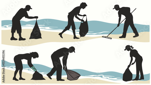 Beach Cleanup Silhouettes Environmental Protection Community Service Volunteering Teamwork Conservation Effort