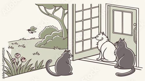 Curious cats watching bee and garden from open doorway illustration