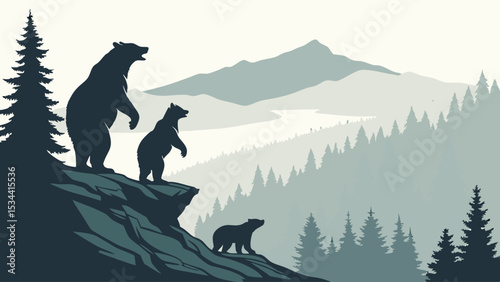 Bear family silhouette on mountain cliff overlooking forest river landscape. Wildlife nature view adventure journey exploration.