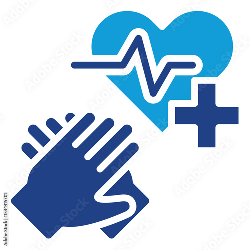 CPR Action Dual Tone Color Fill Silhouette - Hands performing CPR on a heart with heartbeat and medical cross symbol, representing emergency life-saving procedure