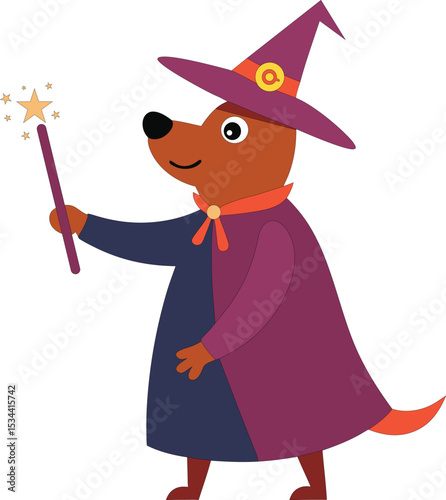 Adorable cartoon dog dressed as a wizard with a magic wand. Perfect for children’s content, fantasy themes, or whimsical design projects. Isolated on white background.