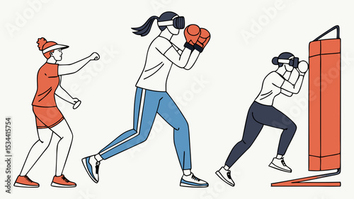 women fitness workout illustration boxing training vr headset punching bag sport activity healthy lifestyle active