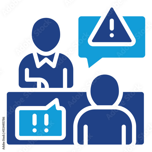 Hazard Briefing Dual Tone Color Fill Silhouette - Two people in a safety discussion with warning symbols, representing hazard communication and briefings