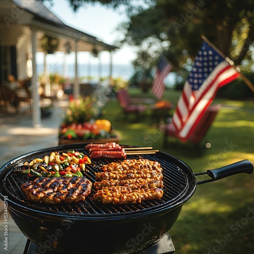 Backyard barbecue with USA flag