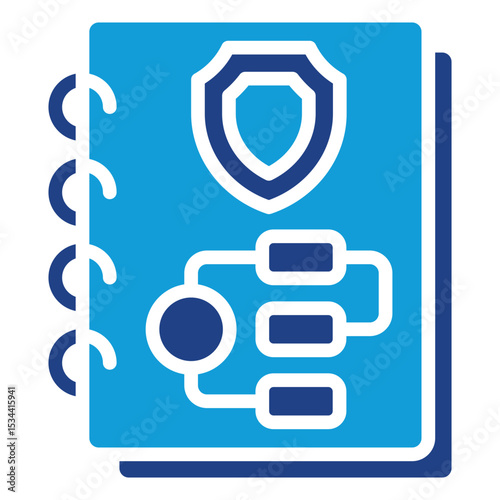 Safety Handbook Dual Tone Color Fill Silhouette - Spiral handbook with flowchart and shield, symbolizing organized safety protocols and training modules