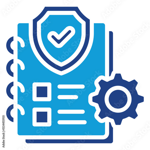 Safety Manual Dual Tone Color Fill Silhouette - Notebook with checklist, shield, and gear, representing documented safety procedures and protected protocols