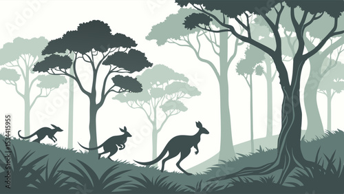 Australian Kangaroos Hopping Forest Silhouette Wildlife Nature Landscape Illustration