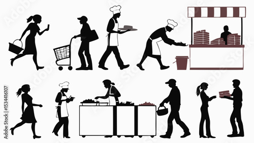 Silhouettes of people shopping buying selling cooking serving food at a market street food vendors customers daily life