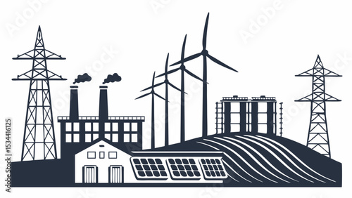 Energy industry power generation mix traditional factory renewable wind solar electricity grid silhouette illustration