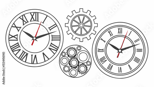 Vintage mechanical clocks with Roman numerals and gears line art illustration outline drawing vector