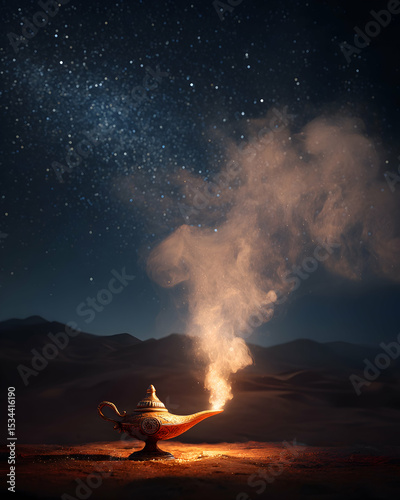 A mystical genie lamp releasing smoke under a starry desert sky   -