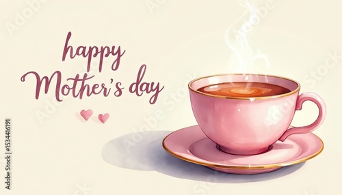 Illustration of pink teacup with gold trim, saucer, steam. Happy Mother Day greeting, two hearts. Pastel colors, warm, delicate, elegant design. Perfect gift to celebrate motherly love, appreciation