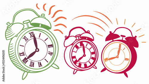 Ringing Alarm Clocks Set Sketch Illustration Time Deadline Concept