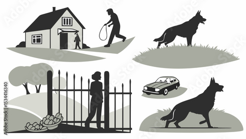 Guard Dog At Home, Family Security, Pet Protection, Outdoor Lifestyle, People, House, Car, Yard Illustration