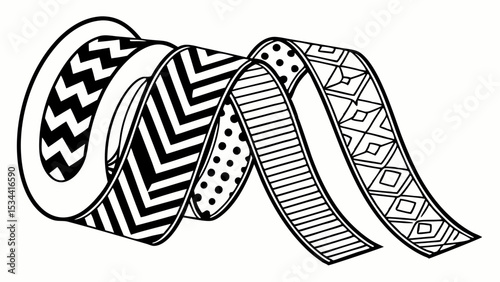 Geometric patterned tape roll black and white line art unrolling craft decoration scrapbooking design