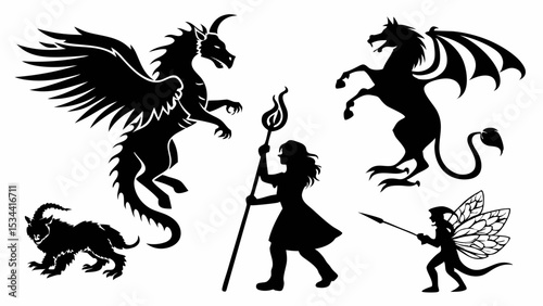 Black and white silhouettes of fantasy creatures and characters set dragon sorceress fairy mythical beasts magic vector