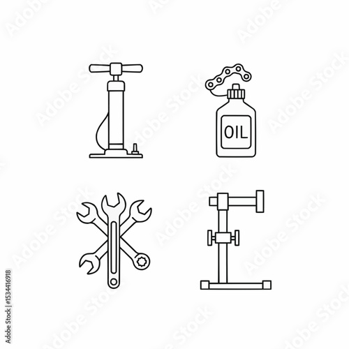 Collection of four bicycle maintenance icons, including pump, lubricant, wrenches, and bike stand, in a clean and minimalist black line art style on a white background