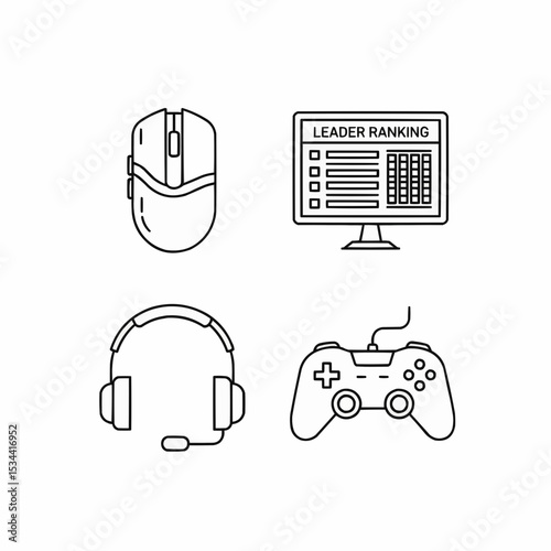 Black and White Gaming Devices and Icons Including Controller and Leaderboard
