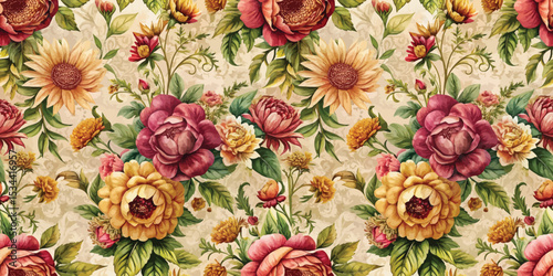 Beautiful floral pattern featuring vibrant sunflowers and roses.