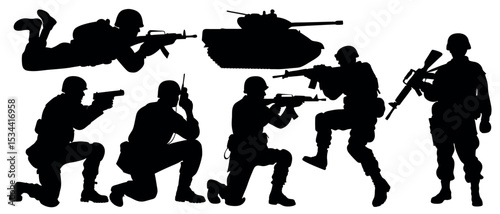 Vector art of silhouetted soldiers in combat positions, with a tank, isolated on white background