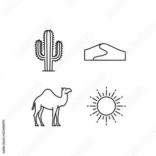 Desert-Themed Line Art Icons Including Camel, Cactus, Sun, and Sand Dune