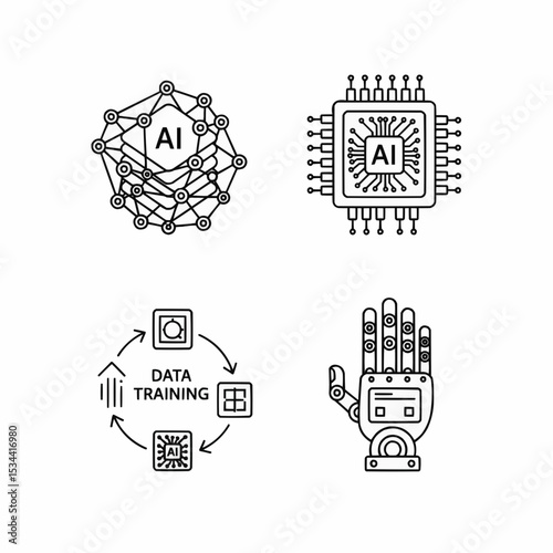 Set of line art icons representing artificial intelligence, data training, robotics, and computing concepts