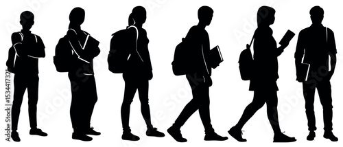 Vector art of five silhouetted students, each carrying a backpack and books, walk purposefully, isolated on white background