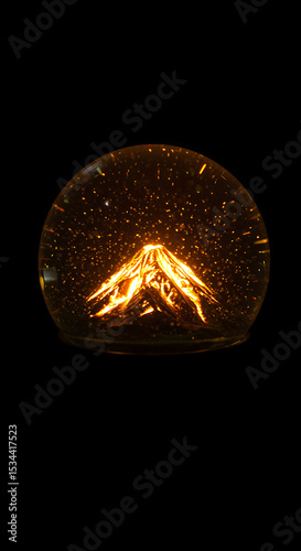 Glowing volcano mountain inside a glass globe against a dark black background